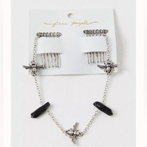 New FREE PEOPLE Wild Hair Piece Silver Chain With Bees Black Stones